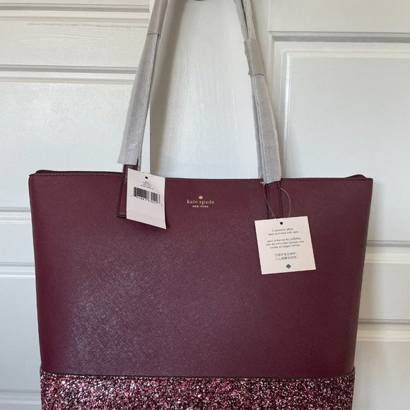 Kate Spade Penny Greta Court Glitter Tote Cherrywood Shoulder Bag - Picture 5 of 8
